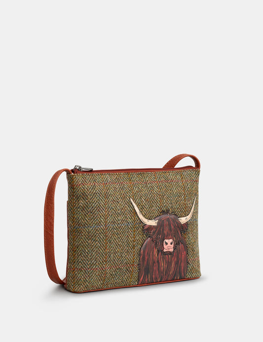Green Brown Highland Cow Leather Cross Body Bag