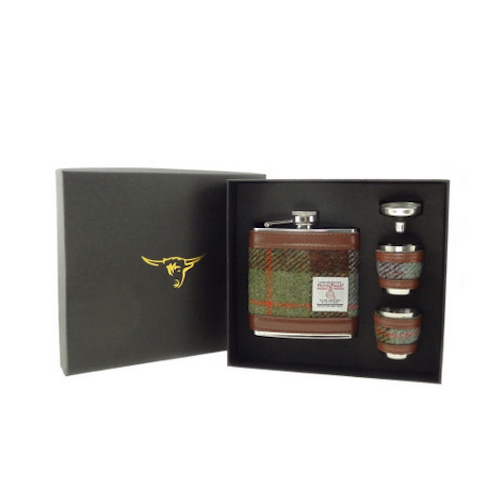 Green Brown Tartan Hip Flask Cup Set