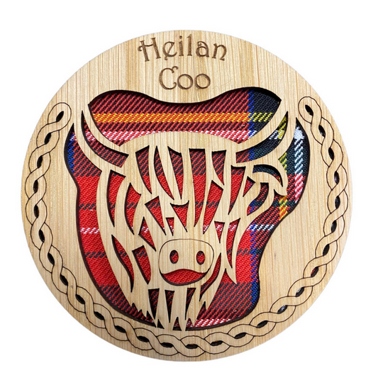 Wooden "Heilan Coo" Coaster - 3 Tartans