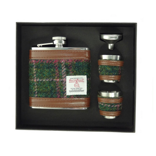 Dark Green & Plum Tartan Hip Flask Cup Set