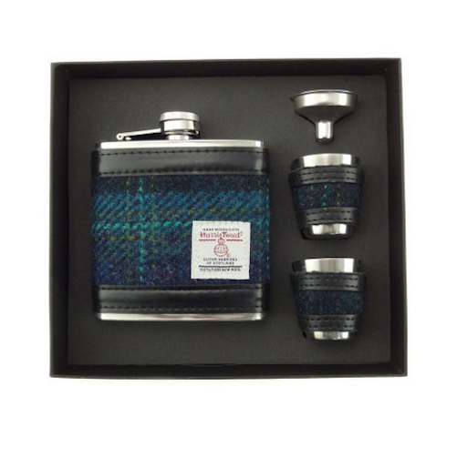 Dark Blue Turquoise Tartan Hip Flask Cup Set