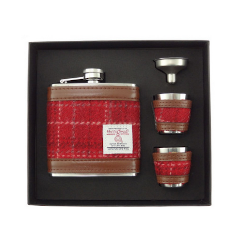 Deep Red & White Tartan Flask Cup Set