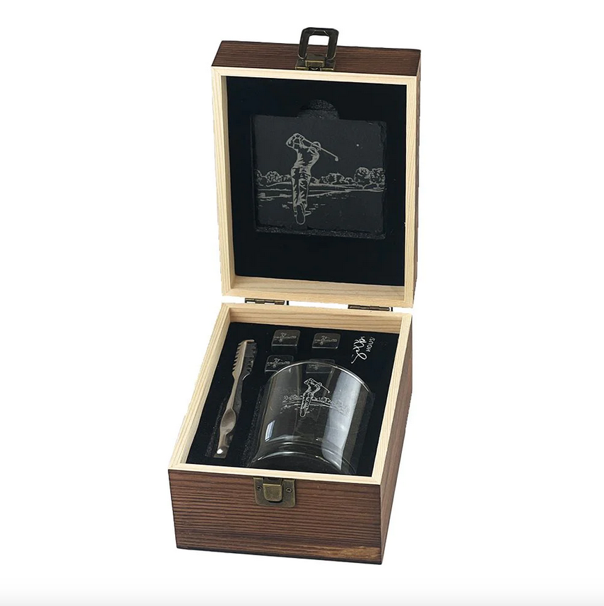 Wooden Boxed Golfer's Drinks Set