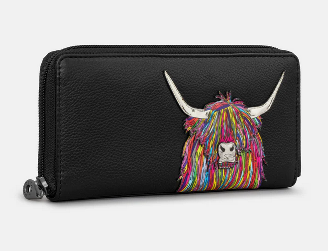 Black Leather Rainbow Highland Cow Zip Purse