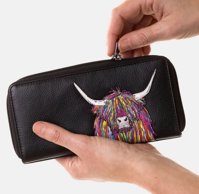 Black Leather Rainbow Highland Cow Zip Purse