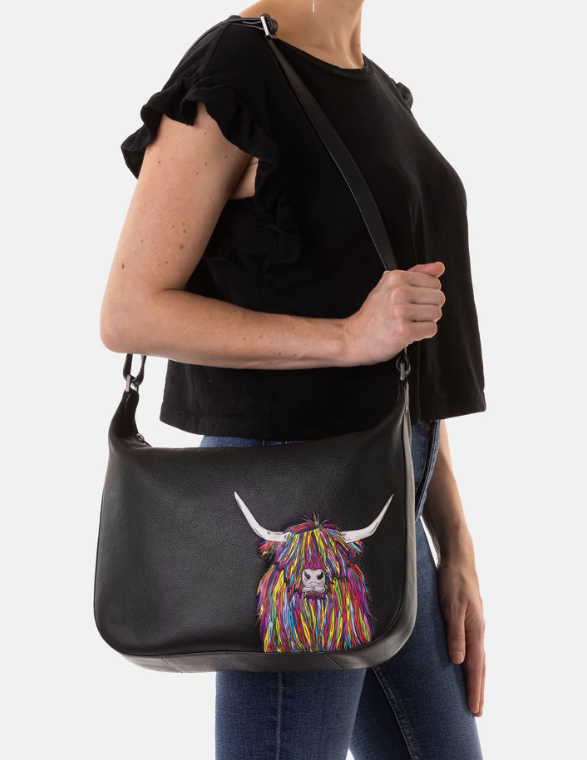 Black Leather Rainbow Highland Cow Shoulder Handbag