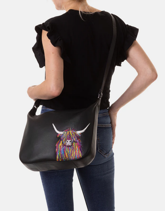 Black Leather Rainbow Highland Cow Shoulder Handbag