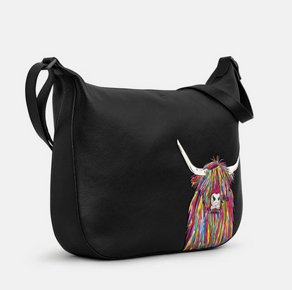 Black Leather Rainbow Highland Cow Shoulder Handbag