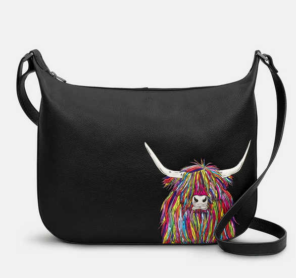 Black Leather Rainbow Highland Cow Shoulder Handbag