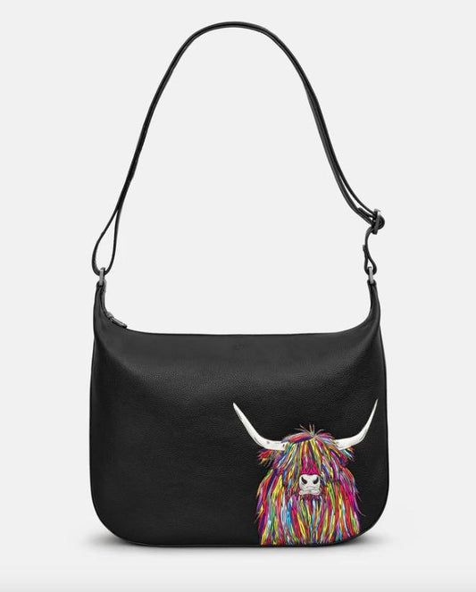 Black Leather Rainbow Highland Cow Shoulder Handbag