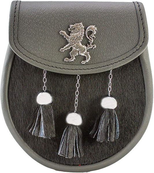 Semi Dress Grey Leather Sporran Chrome Lion Badge